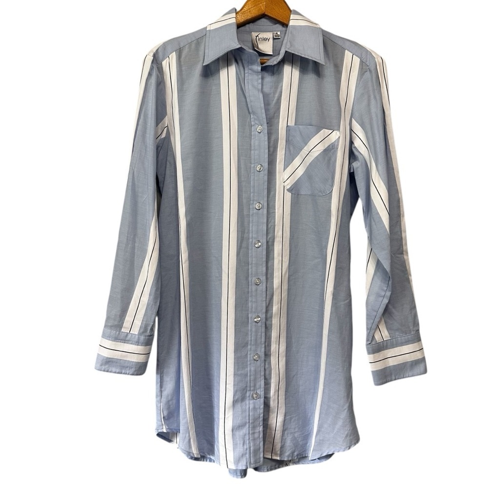 Finley Blue White Cotton Button Down Tunic 3/4 Sleeves Sz Small Coastal Nautical